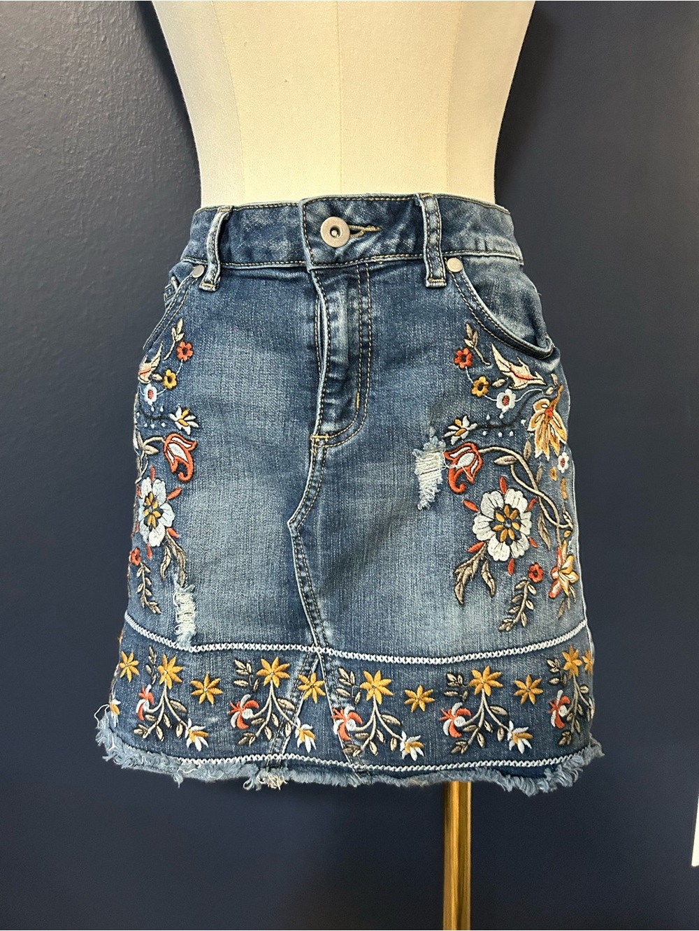 Altar’d State Denim Mini Skirt with Colorful Floral Embroidery - Picture 2 of 9